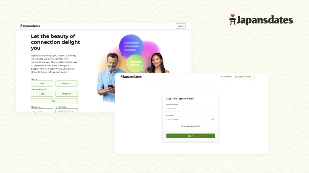 JapansDates sign up and login forms